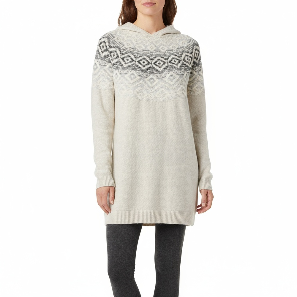 J. Jill Nordic Fair Isle Tunic Sweater Size Small‎ Petite Cream Grey Hooded Knit